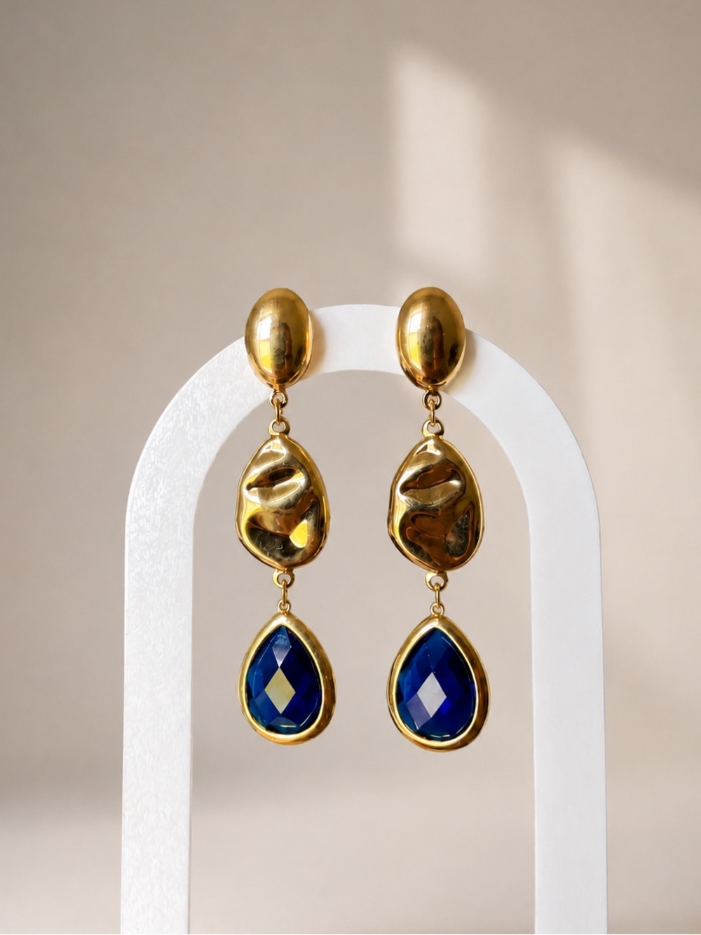 18K Gold Plated Blue Glass Teardrop Drop Earrings